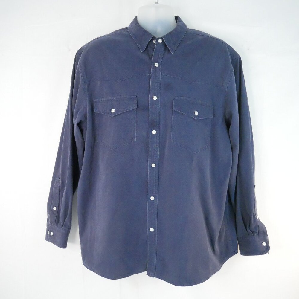 SCHNEE'S Bozeman Montana Heavy Twill Pearl Snap Western Brushpopper Shirt Lg Blu